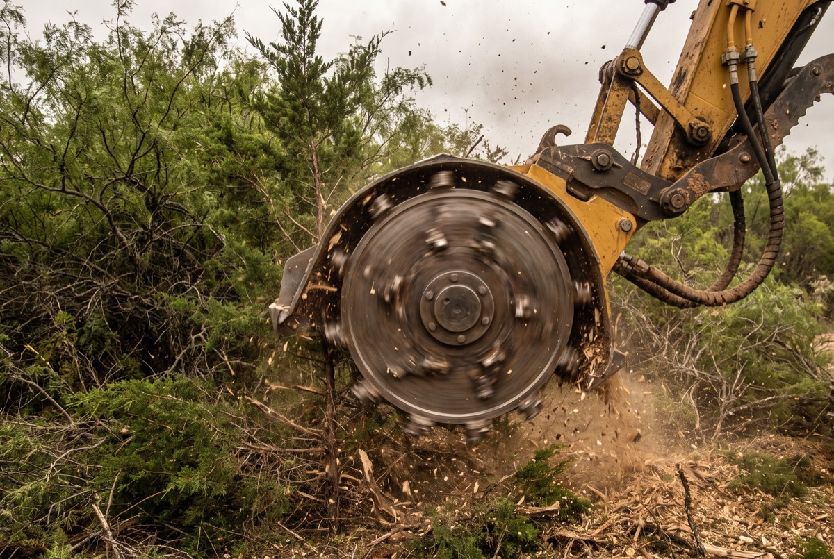 Forestry mulching drum head grinding brush and small trees close up