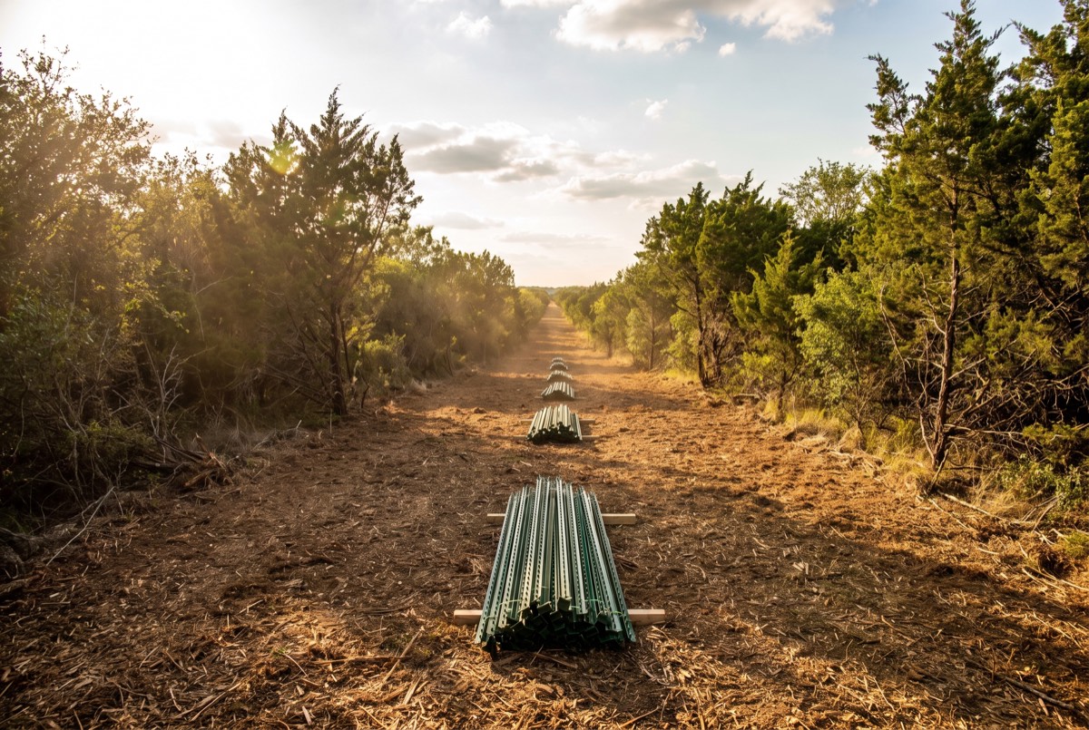 Freshly cleared straight fence line corridor cut through Texas brush with t-posts staged