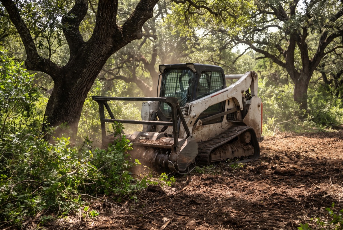 Skid steer clearing underbrush between mature oak trees on a wooded Texas homesite
